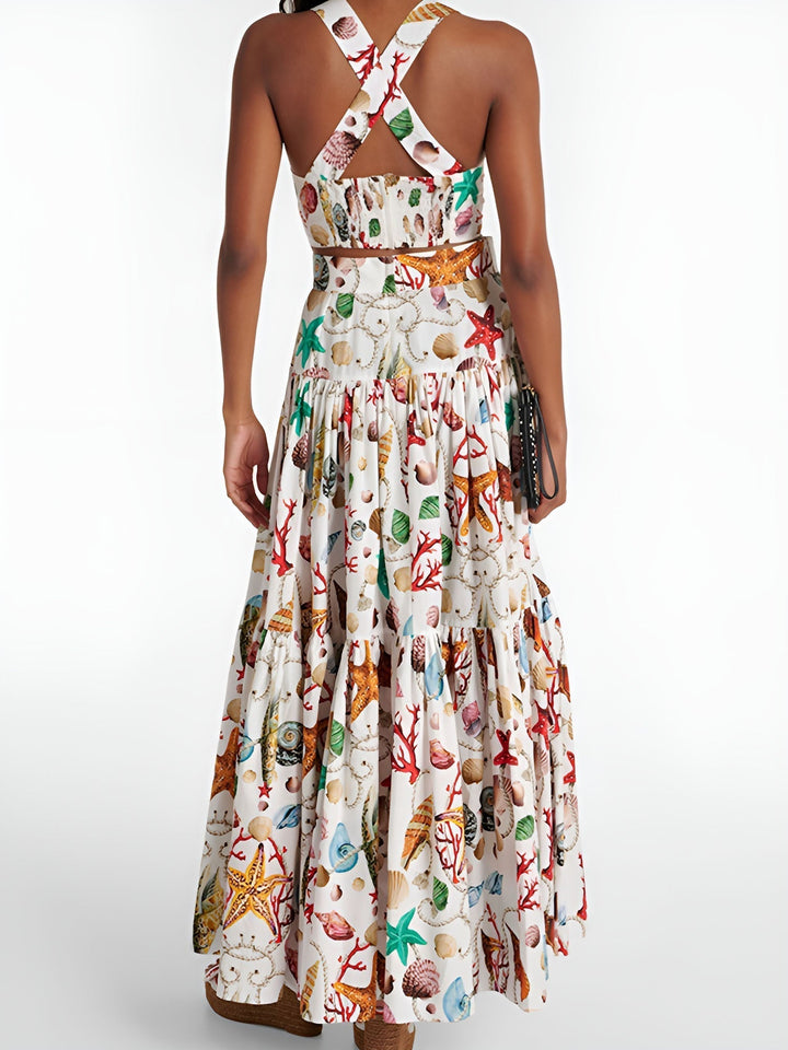 Zweiteiliges Set mit Meeresdruck | Bustier & Maxirock Sommerliches und feminines Design