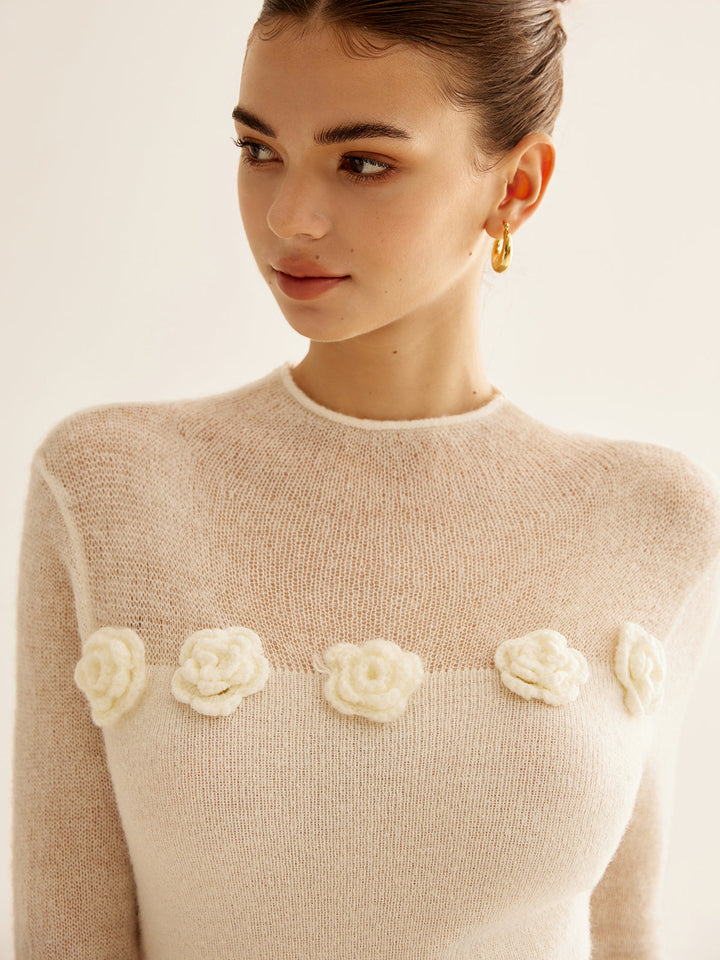 Eleonore Feiner Pullover mit Blumendetails & langen Ärmeln | Eleganz & Leichtigkeit