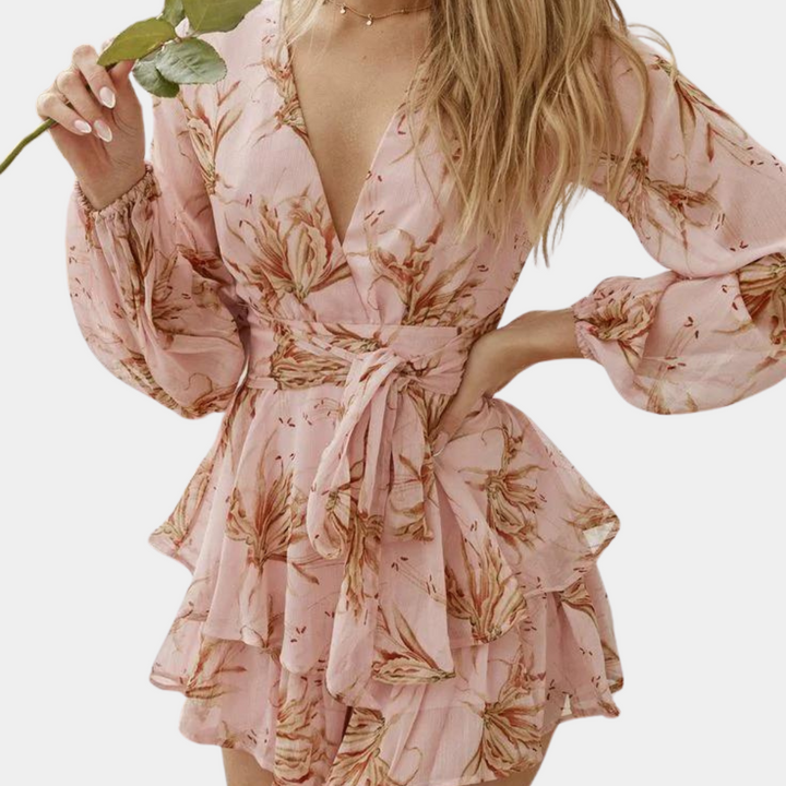 Sienna Damen Kurzes Kleid Blumendruck | V-Ausschnitt & Rüschendetails