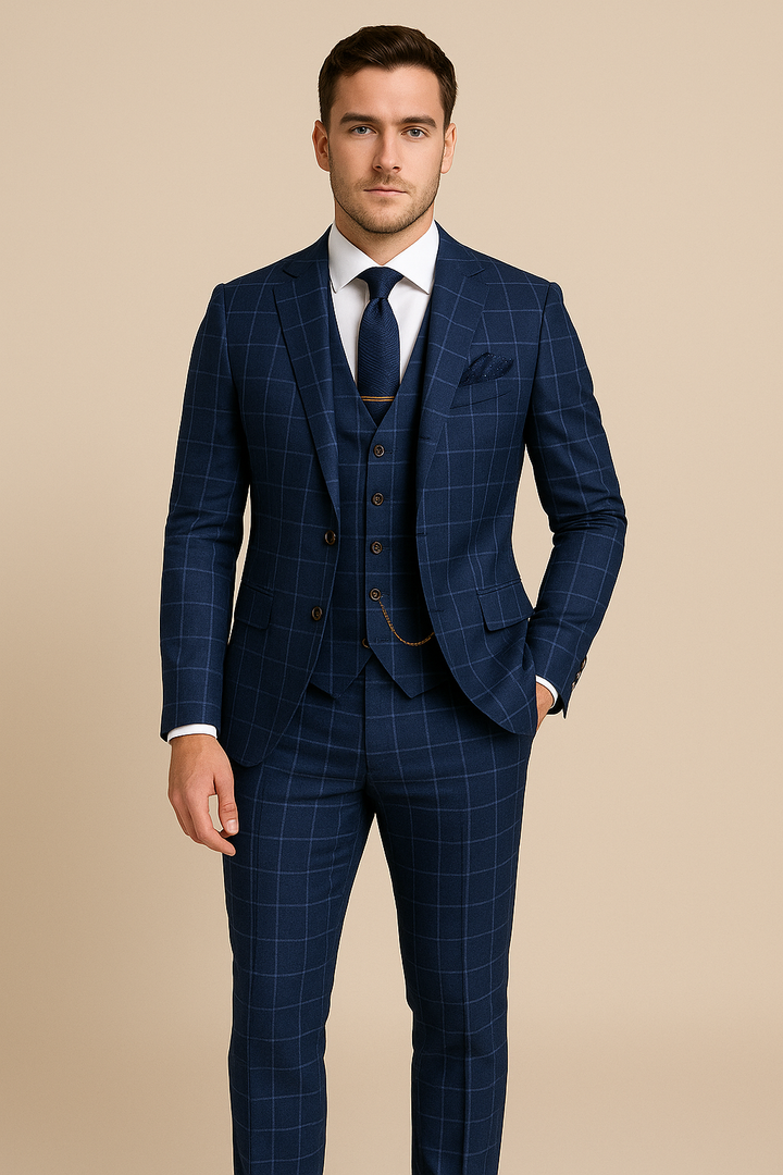 Marineblau karierte Luxusanzüge Slim Fit mit Kerbe