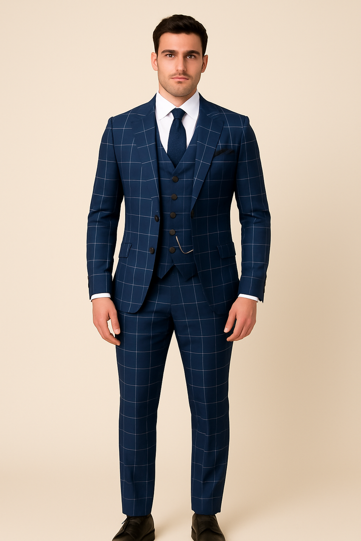 Marineblau karierte Luxusanzüge Slim Fit mit Kerbe