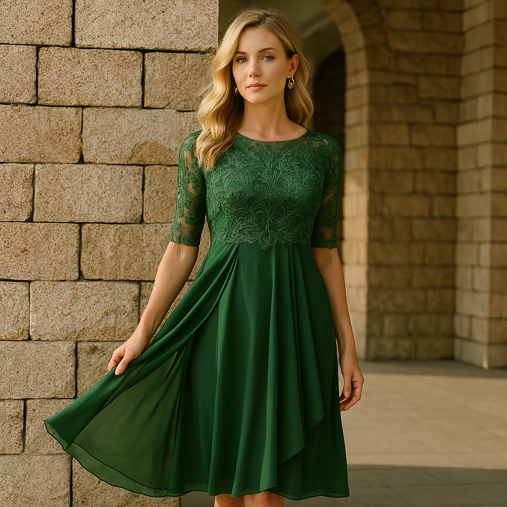 Luna Kleid mit Spitze und Chiffon | Stilvolles bequemes Kleid mit halblangen Ärmeln für besondere Anlässe
