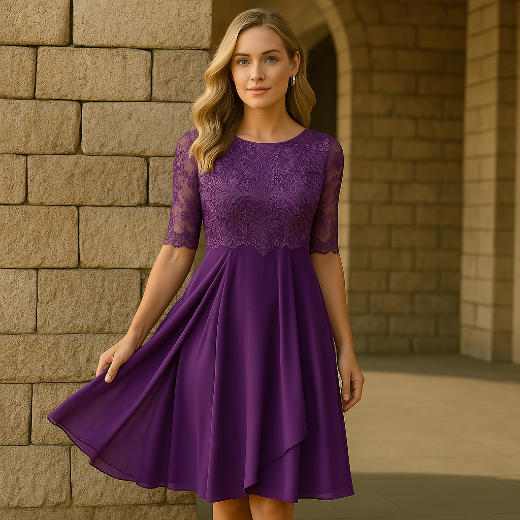 Luna Kleid mit Spitze und Chiffon | Stilvolles bequemes Kleid mit halblangen Ärmeln für besondere Anlässe