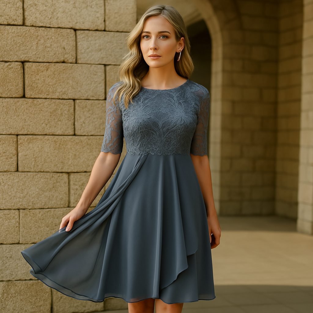 Luna Kleid mit Spitze und Chiffon | Stilvolles bequemes Kleid mit halblangen Ärmeln für besondere Anlässe