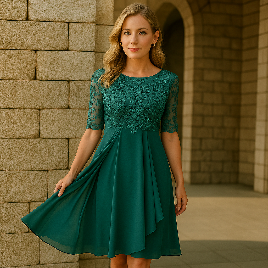 Luna Kleid mit Spitze und Chiffon | Stilvolles bequemes Kleid mit halblangen Ärmeln für besondere Anlässe