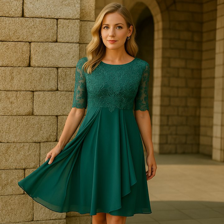 Luna Kleid mit Spitze und Chiffon | Stilvolles bequemes Kleid mit halblangen Ärmeln für besondere Anlässe