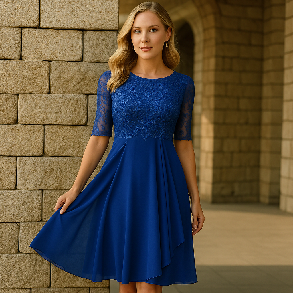 Luna Kleid mit Spitze und Chiffon | Stilvolles bequemes Kleid mit halblangen Ärmeln für besondere Anlässe