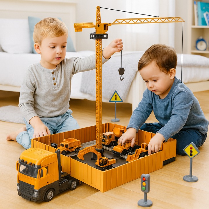 Bauspielzeug mit Kranwagen und Fahrzeugen | Interaktives Kinderspielset
