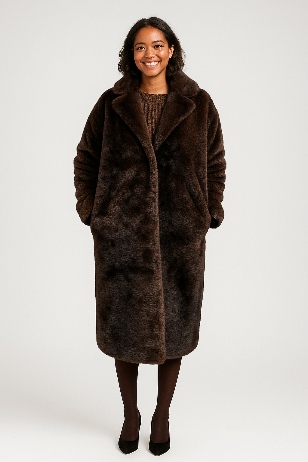Damen Kunstpelz Mantel Lang | Weich Luxuriöser Wintermantel Klappenkragen