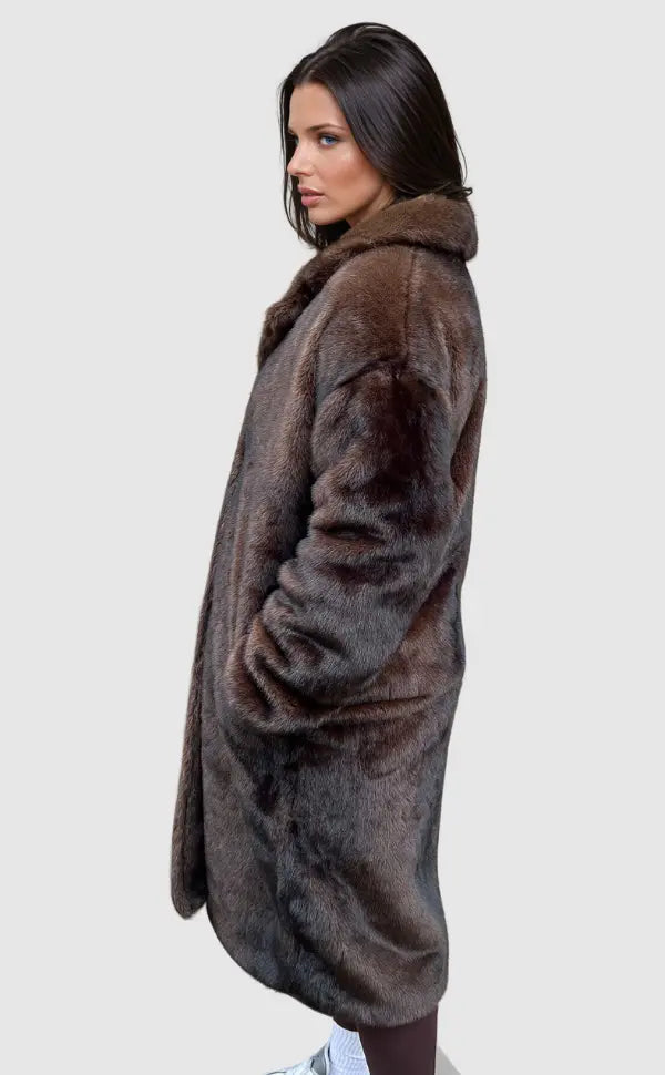 Damen Kunstpelz Mantel Lang | Weich Luxuriöser Wintermantel Klappenkragen