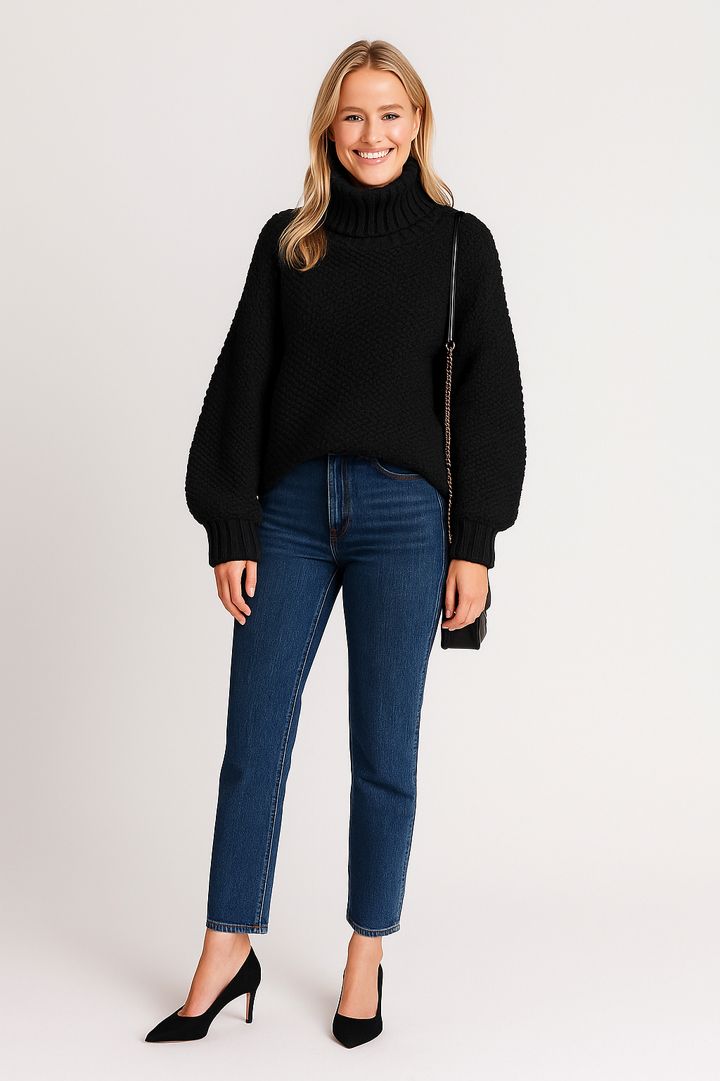 Texturiertes gestricktes Damen-Poloshirt | Warmer Rollkragenpullover Winter