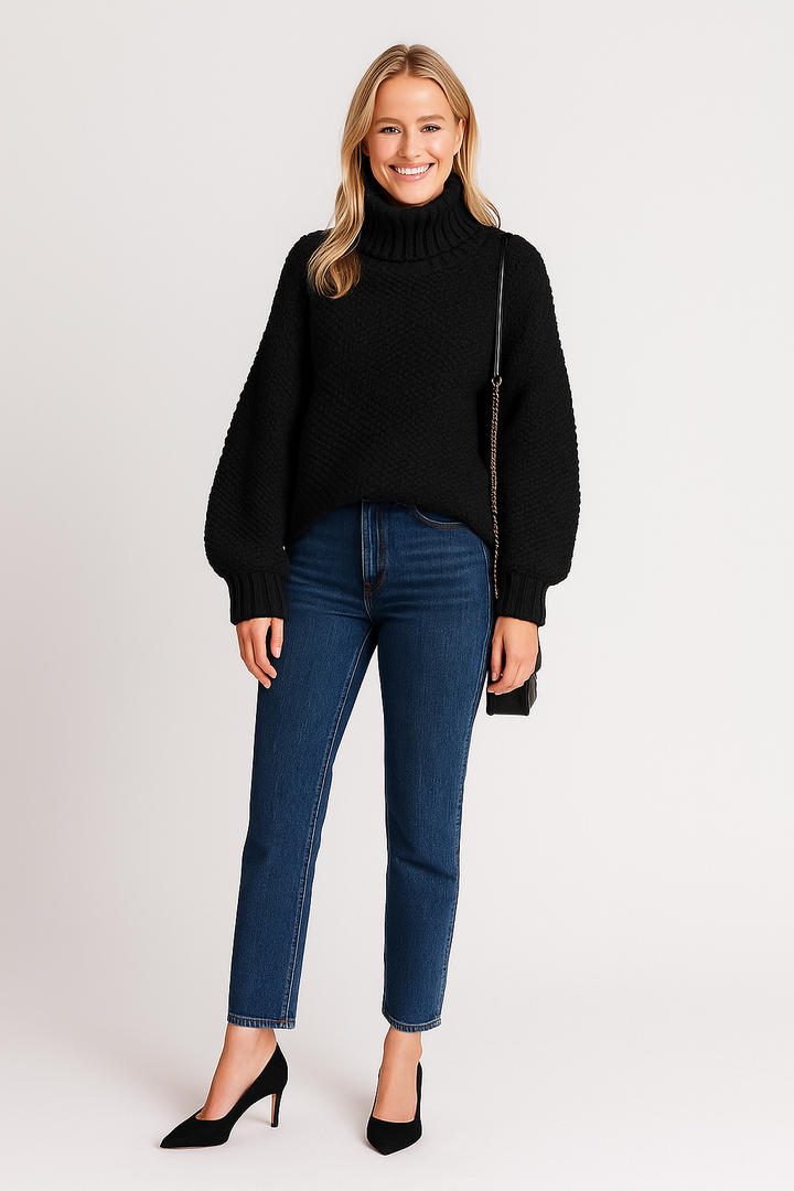 Texturiertes gestricktes Damen-Poloshirt | Warmer Rollkragenpullover Winter