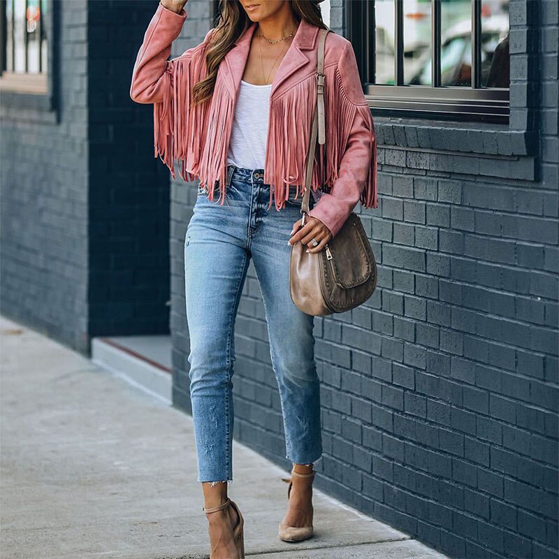 Noa Wildlederoptik Damen Fransenjacke | Western-Jacke mit Modernem Schnitt & Boho-Stil