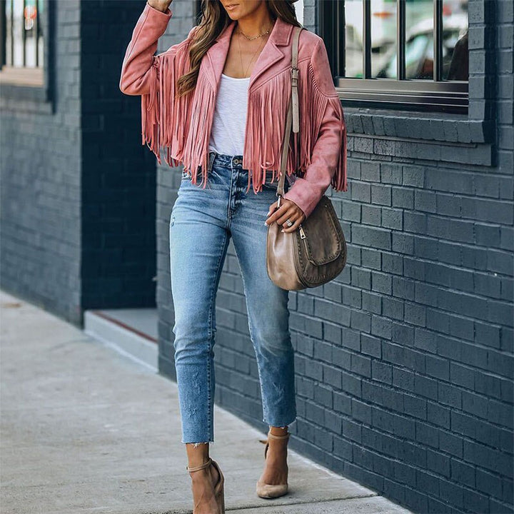 Noa Wildlederoptik Damen Fransenjacke | Western-Jacke mit Modernem Schnitt & Boho-Stil