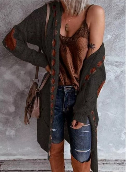 Louise - Stylische lange Strickjacke Bequem mit Kapuzenpullover