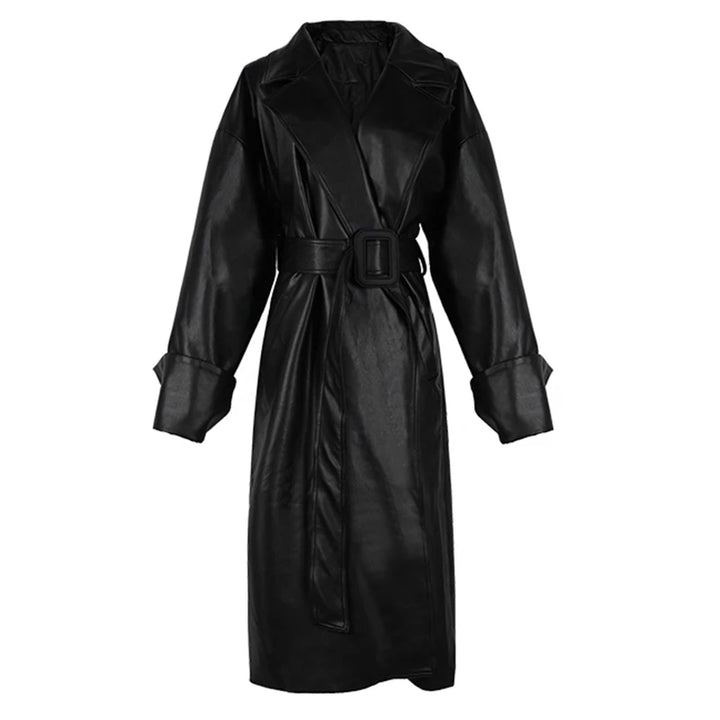 Damen Leder-Gabardina in Schwarz | Langer Oversize-Mantel mit Revers für Herbst