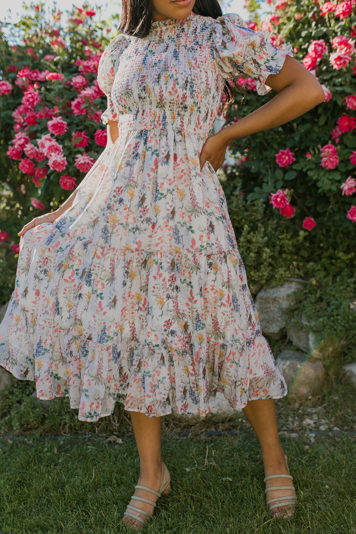 Cordelia Damen Midikleid mit Blumendruck & Smock-Bustier | Luftig, Feminin & Schwangerschaftstauglich