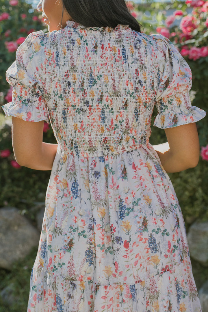 Cordelia Damen Midikleid mit Blumendruck & Smock-Bustier | Luftig, Feminin & Schwangerschaftstauglich