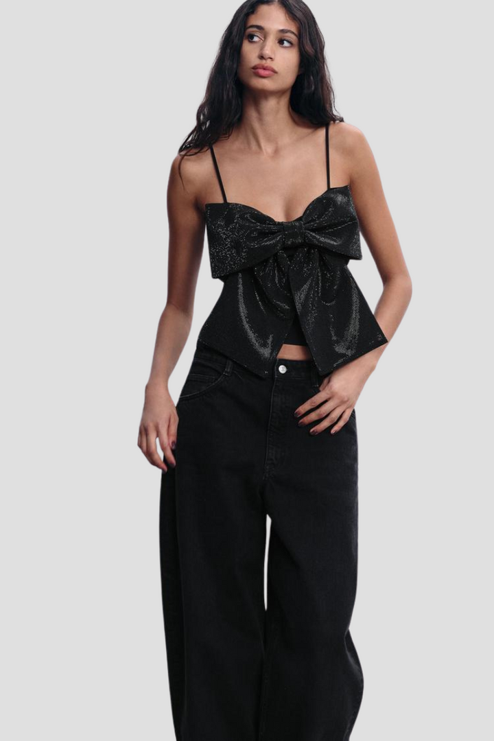 Loulou Damen Glitzertop mit Schleife | Schwarzes Paillettentop für Partys & besondere Anlässe