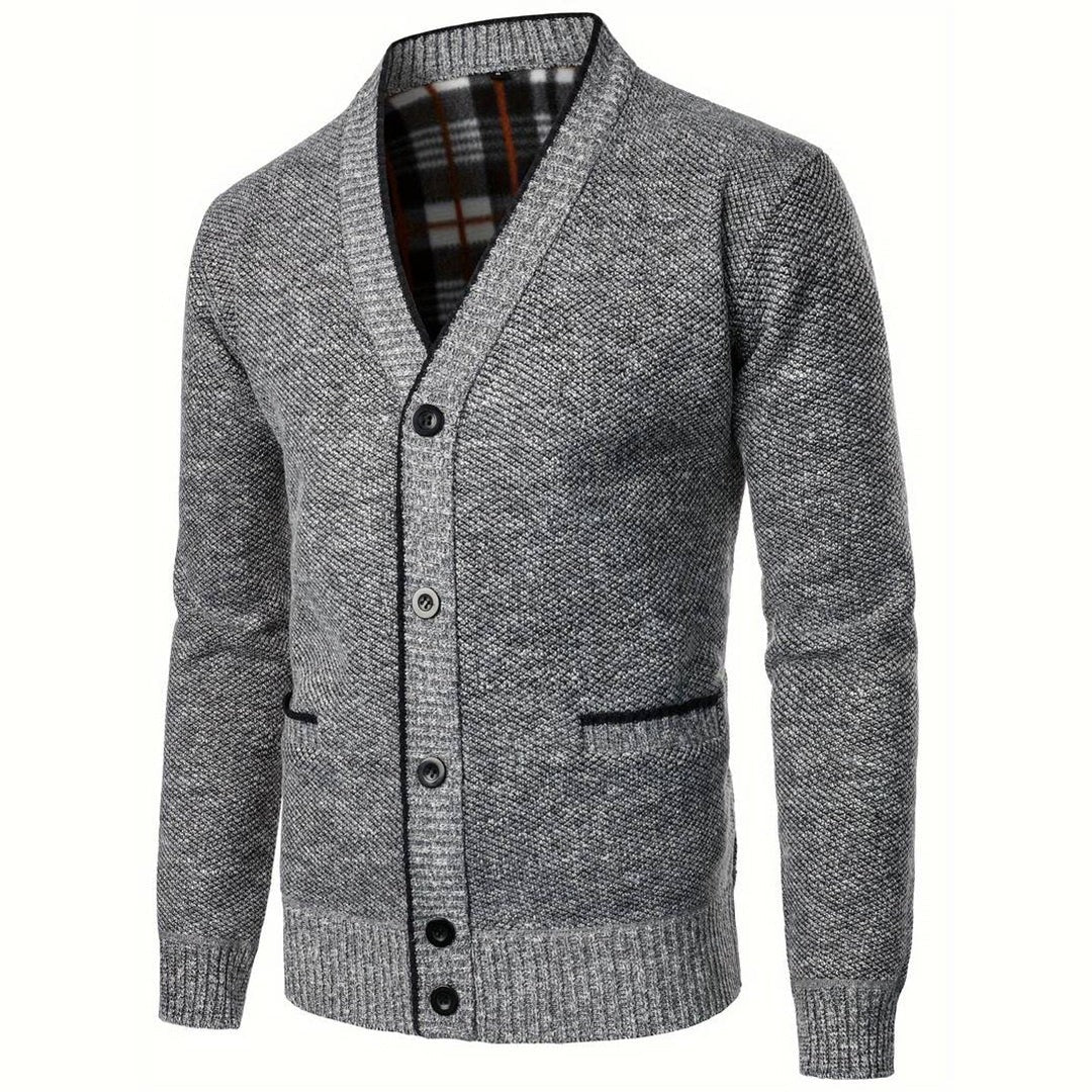 Herren-Strickjacke mit V-Ausschnitt und kariertem Futter | Strickjacke mit Taschen