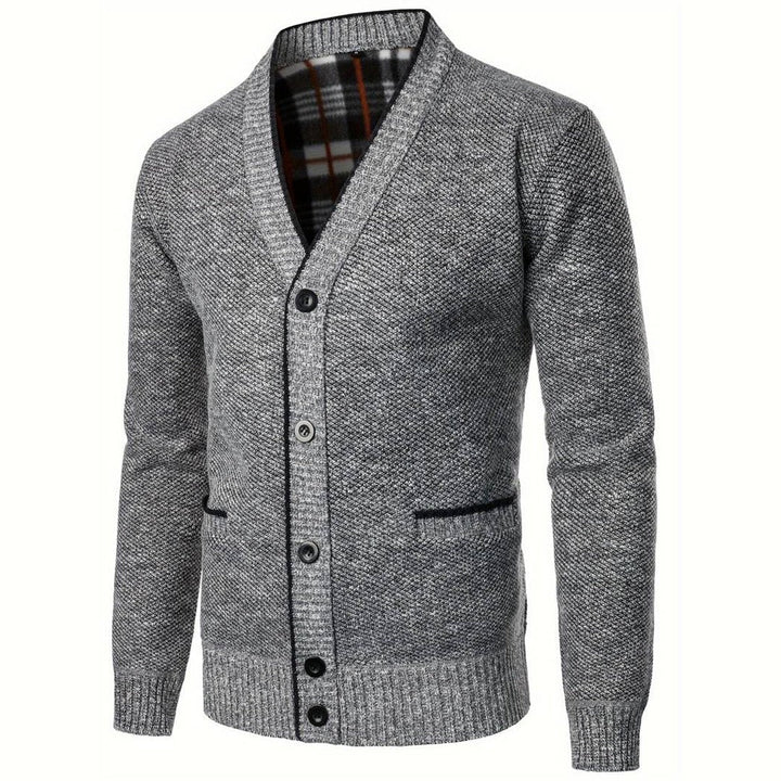 Herren-Strickjacke mit V-Ausschnitt und kariertem Futter | Strickjacke mit Taschen