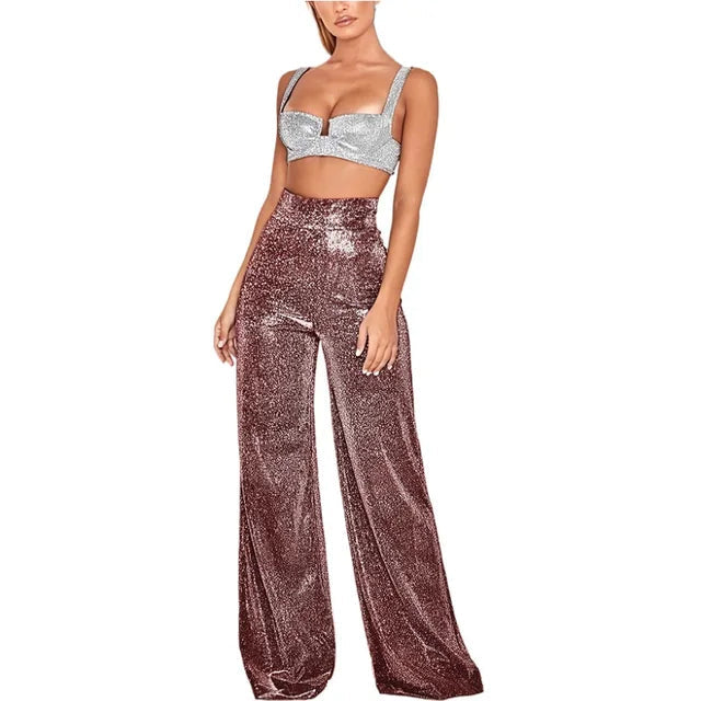 Damen Paillettenhose mit hoher Taille & weiten Beinen | Glitzernde Partyhosen