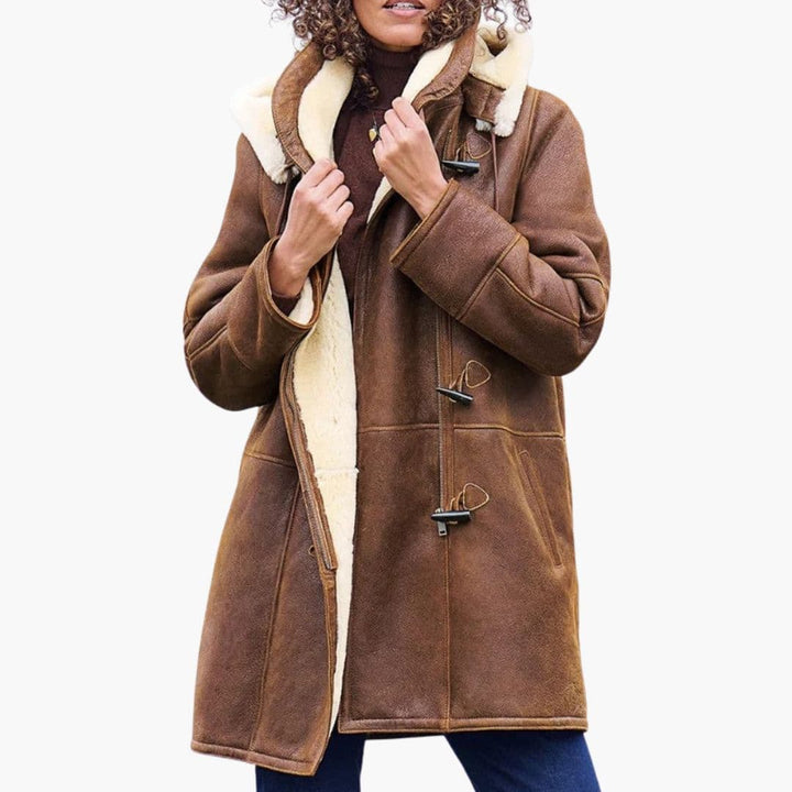 Women's Shearling Lined Coat with Hood Winter Duffle Style Long Jacket