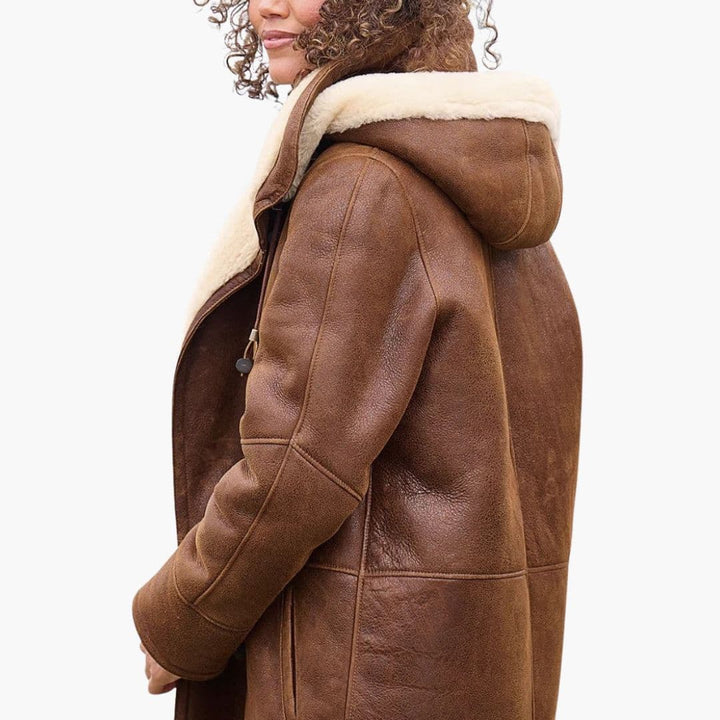 Women's Shearling Lined Coat with Hood Winter Duffle Style Long Jacket