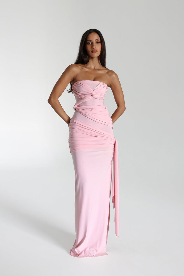 Serena Maxikleid für Damen | Trägerloses Abendkleid mit Schleife & Schlitz in Cavalli-Stretch