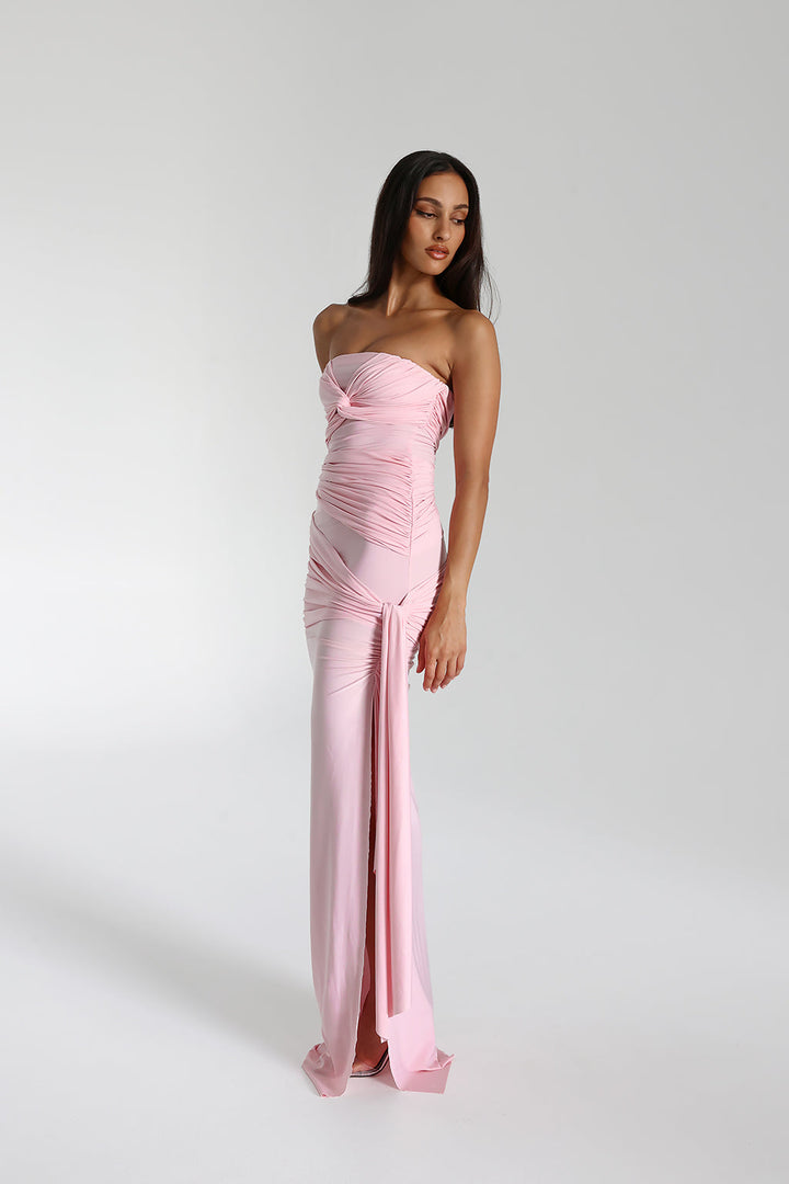 Serena Maxikleid für Damen | Trägerloses Abendkleid mit Schleife & Schlitz in Cavalli-Stretch