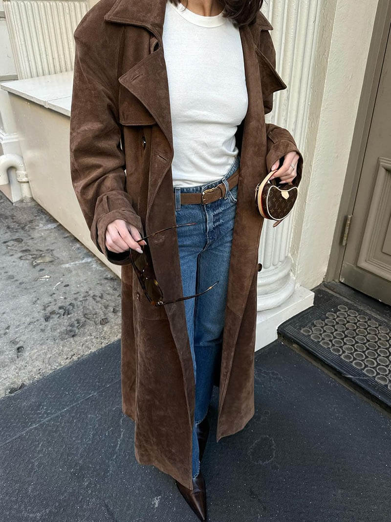 Damen Trenchcoat aus Wildlederimitat | Eleganz und Komfort mit verstellbarem Gürtel