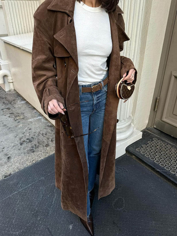 Damen Trenchcoat aus Wildlederimitat | Eleganz und Komfort mit verstellbarem Gürtel