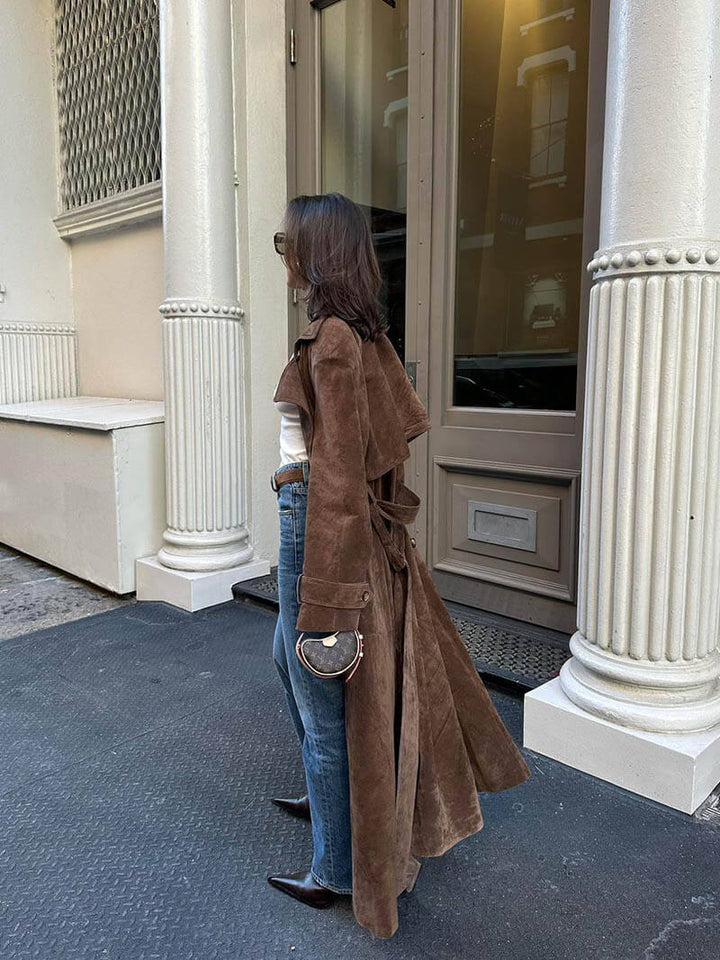 Damen Trenchcoat aus Wildlederimitat | Eleganz und Komfort mit verstellbarem Gürtel