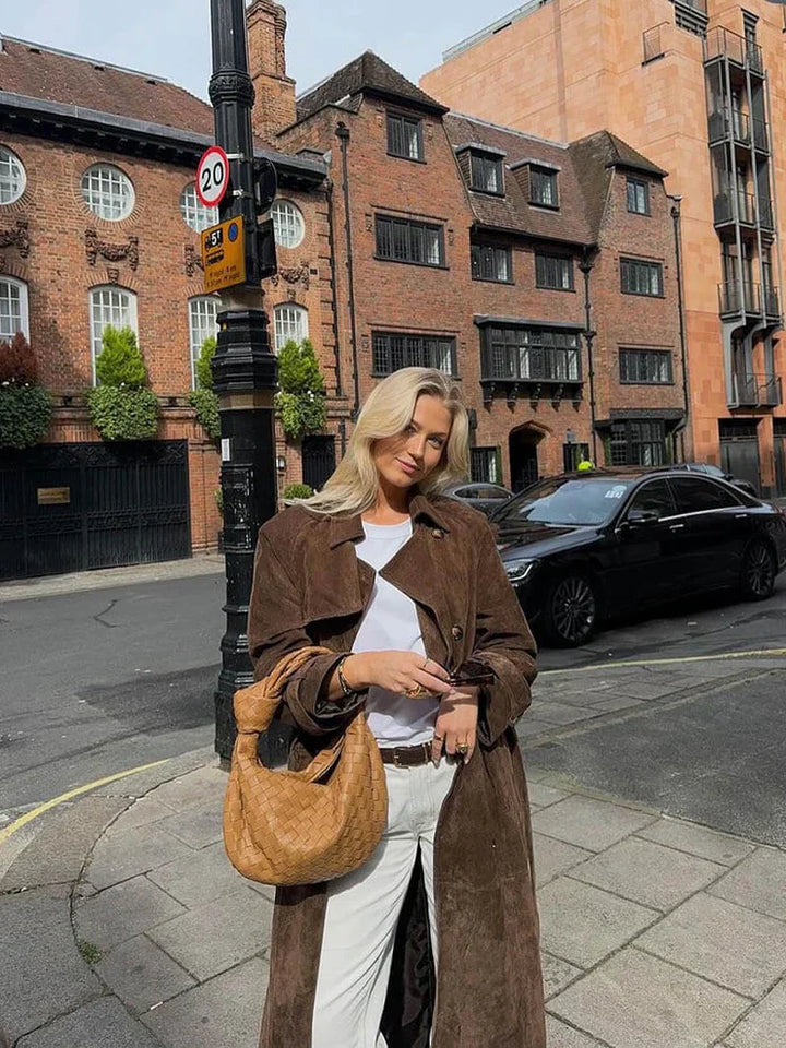Damen Trenchcoat aus Wildlederimitat | Eleganz und Komfort mit verstellbarem Gürtel