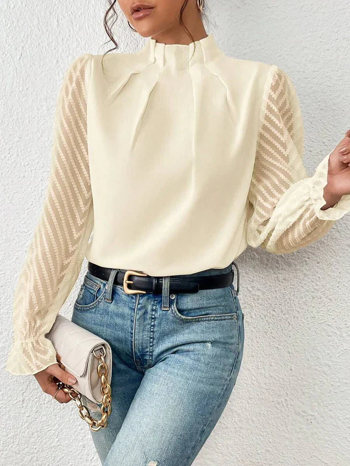 Fiona Damen Bluse mit Chiffondetail | Elegante Langarmbluse mit halbem Stehkragen