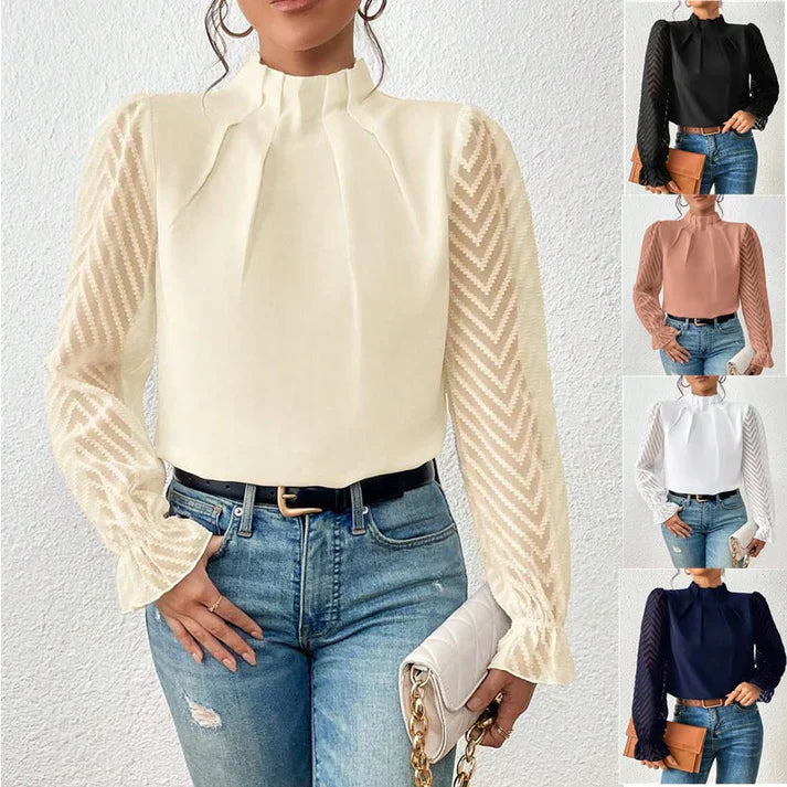 Fiona Damen Bluse mit Chiffondetail | Elegante Langarmbluse mit halbem Stehkragen