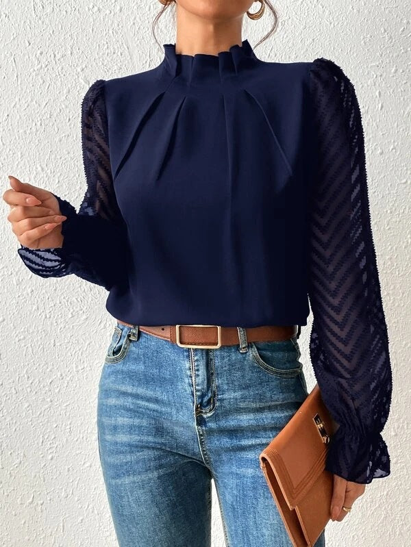 Fiona Damen Bluse mit Chiffondetail | Elegante Langarmbluse mit halbem Stehkragen