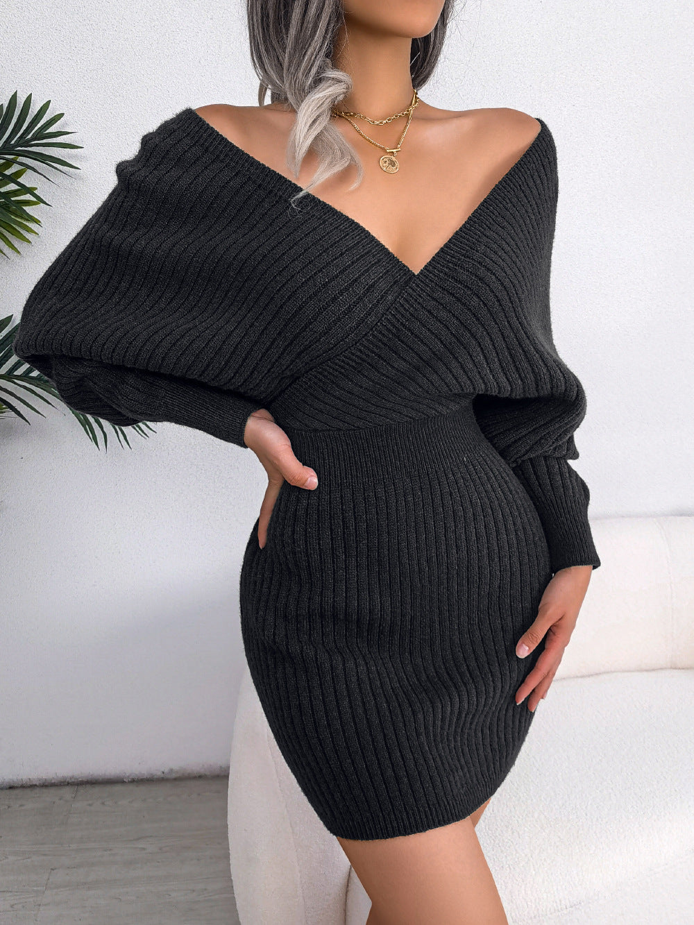 Liora Damen Portemonnaie Kleid | Rippstrick & Eleganter V-Ausschnitt