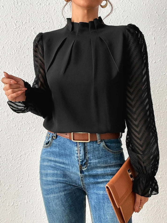 Fiona Damen Bluse mit Chiffondetail | Elegante Langarmbluse mit halbem Stehkragen