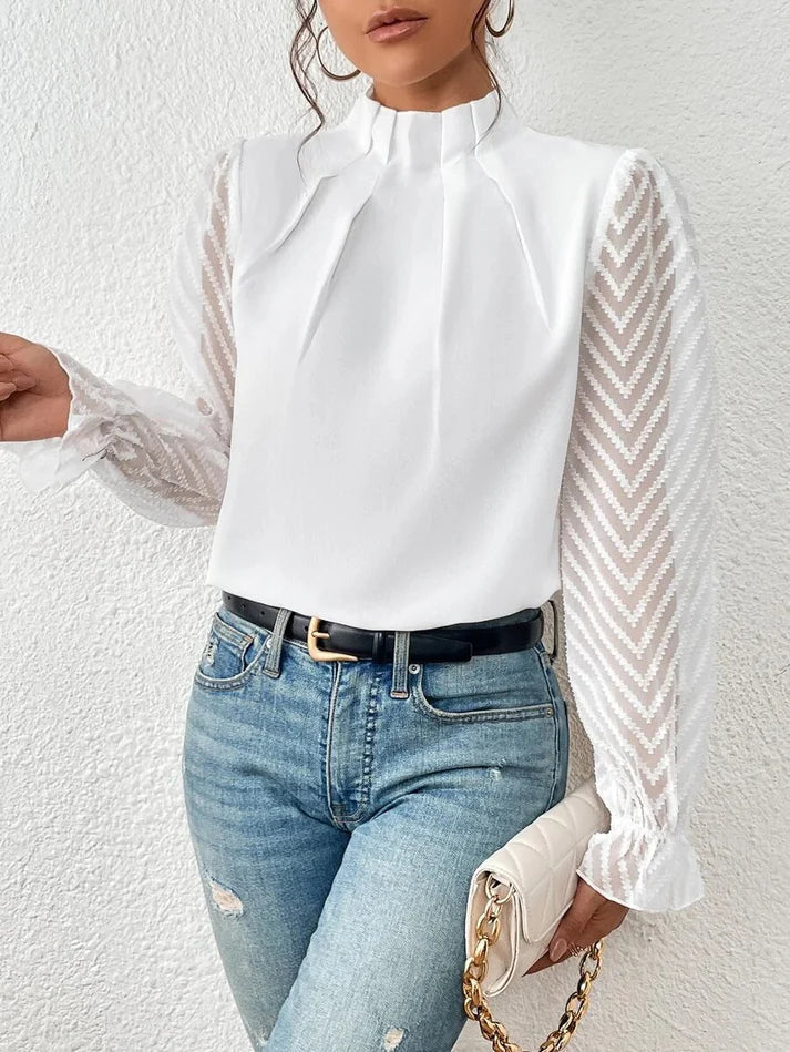 Fiona Damen Bluse mit Chiffondetail | Elegante Langarmbluse mit halbem Stehkragen