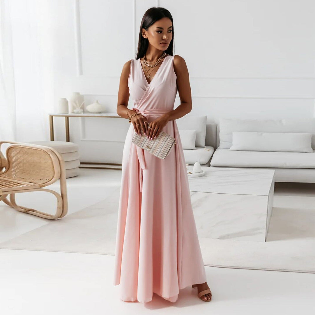 Annabelle | Einfarbiges langes Kleid mit V-Ausschnitt | Zeitlose Eleganz für jeden Anlass