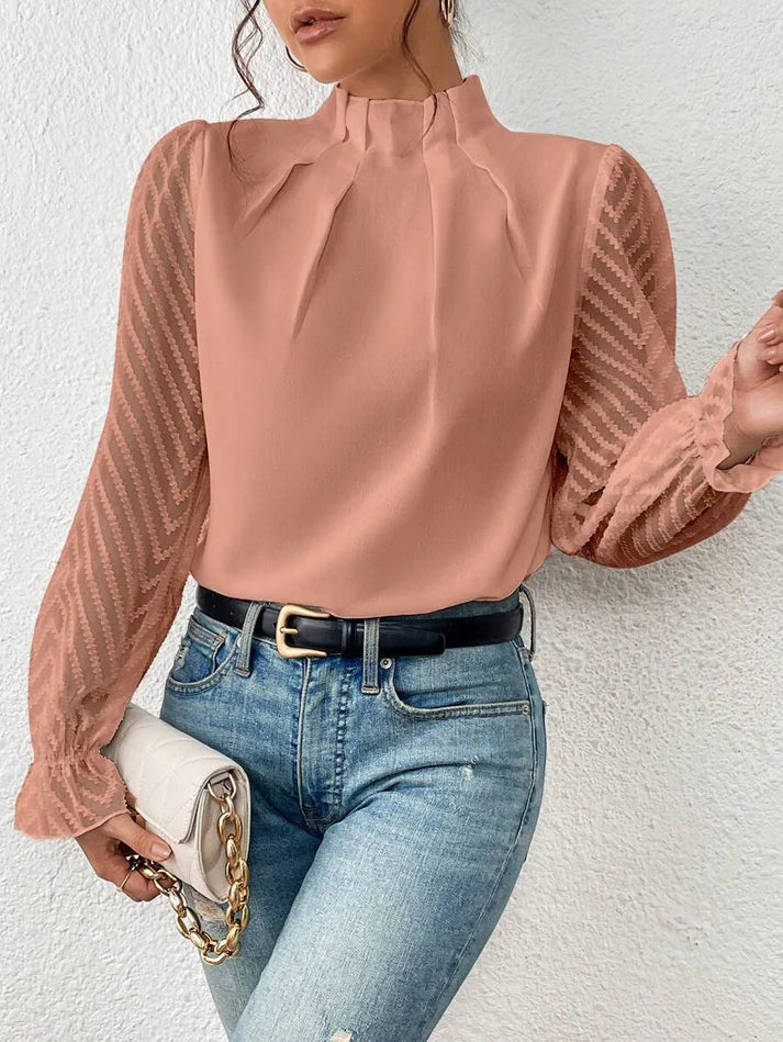 Fiona Damen Bluse mit Chiffondetail | Elegante Langarmbluse mit halbem Stehkragen