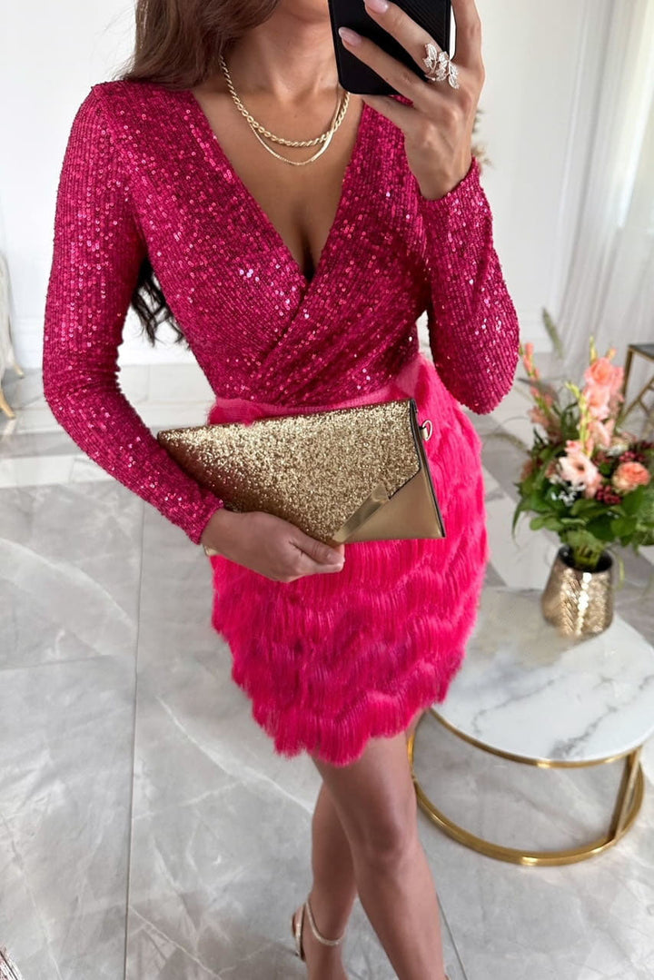 Amara Abendkleid mit Pailletten | Federsaum & Langarm