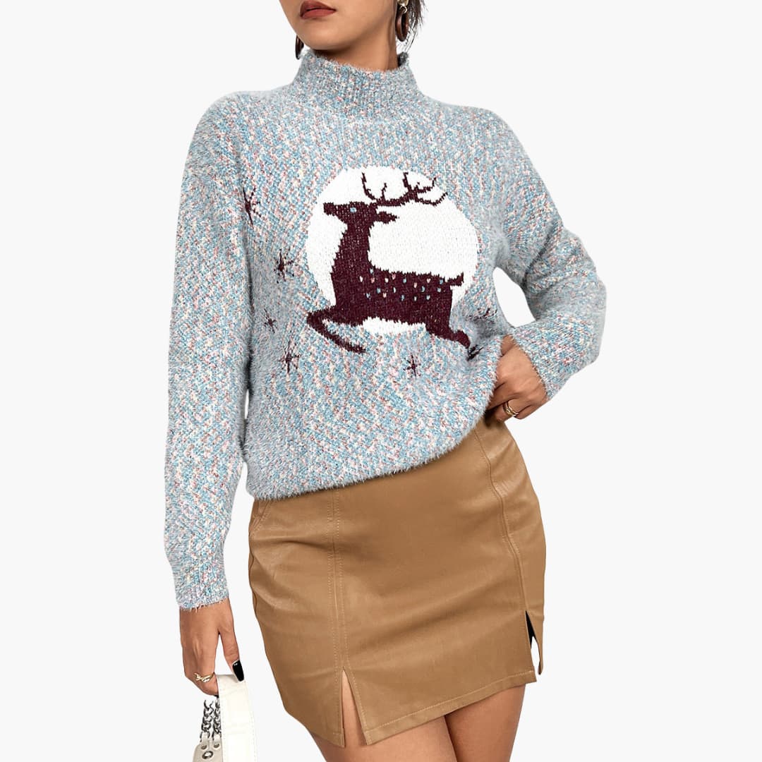 Damen Weihnachtspulli Rollkragenpullover | Rentiermotiv gestrickt Winter