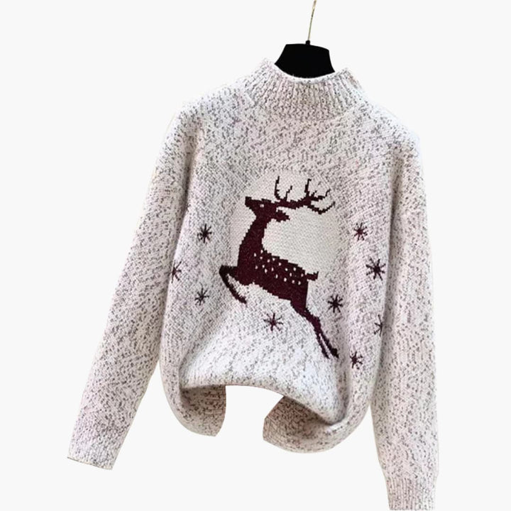 Damen Weihnachtspulli Rollkragenpullover | Rentiermotiv gestrickt Winter