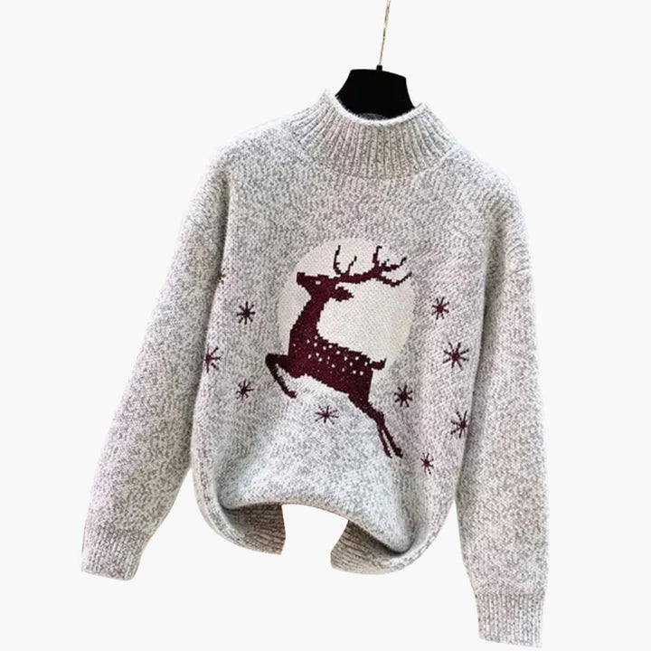 Damen Weihnachtspulli Rollkragenpullover | Rentiermotiv gestrickt Winter