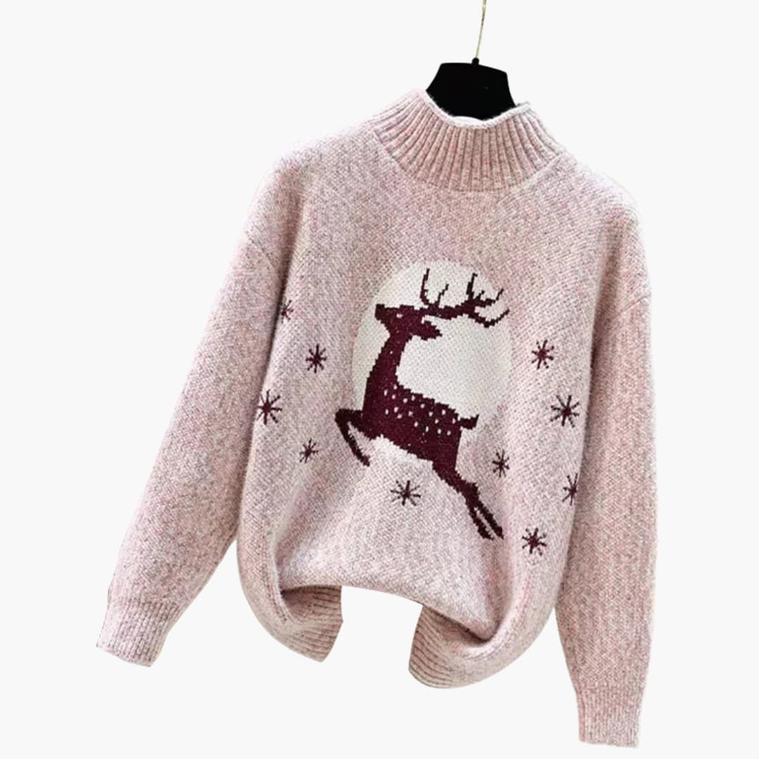 Damen Weihnachtspulli Rollkragenpullover | Rentiermotiv gestrickt Winter