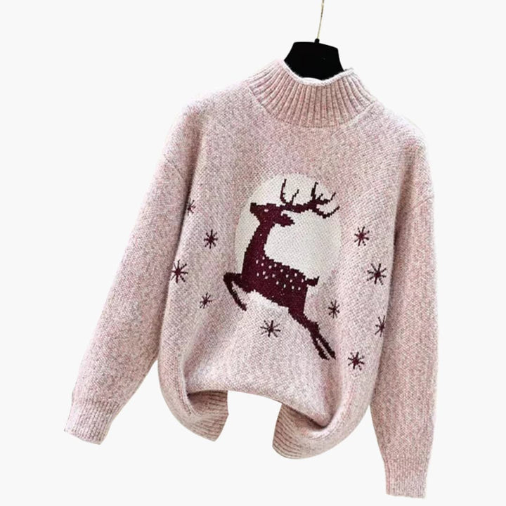 Damen Weihnachtspulli Rollkragenpullover | Rentiermotiv gestrickt Winter