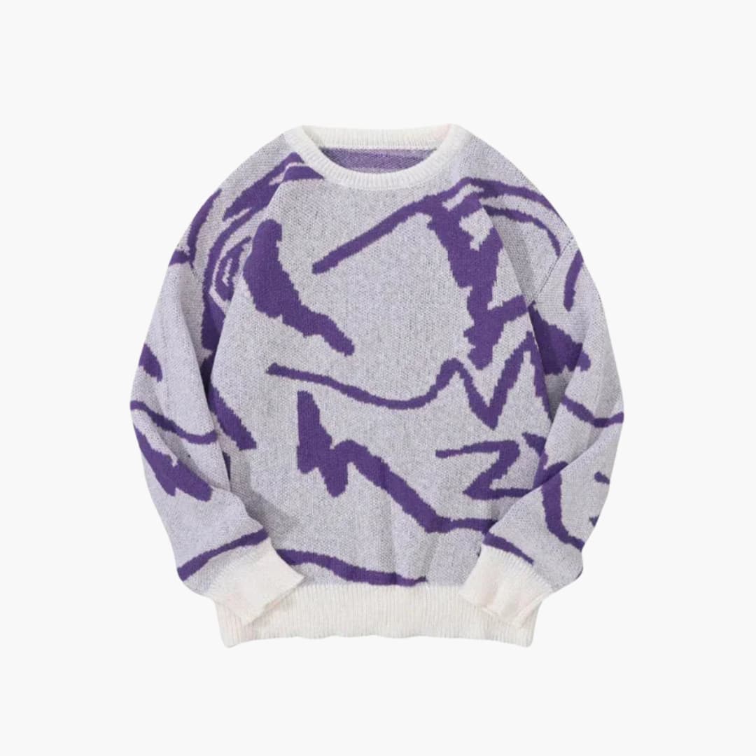 Pullover Herren Strickjacke | Rundhalsausschnitt Abstrakter Druck Gerippte Ränder