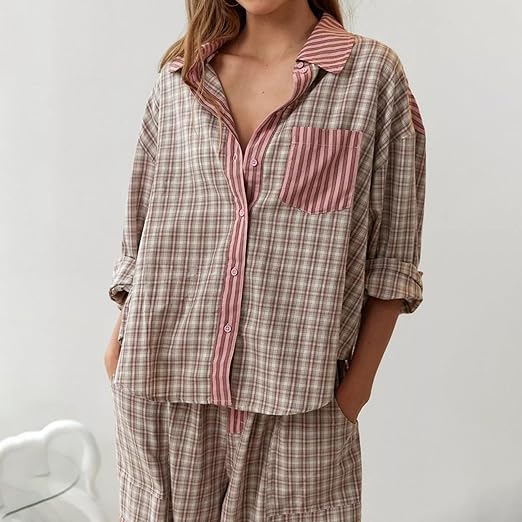 Plaid-Pyjama | Langärmeliges Lounge-Set für Frauen, Wärme und Komfort